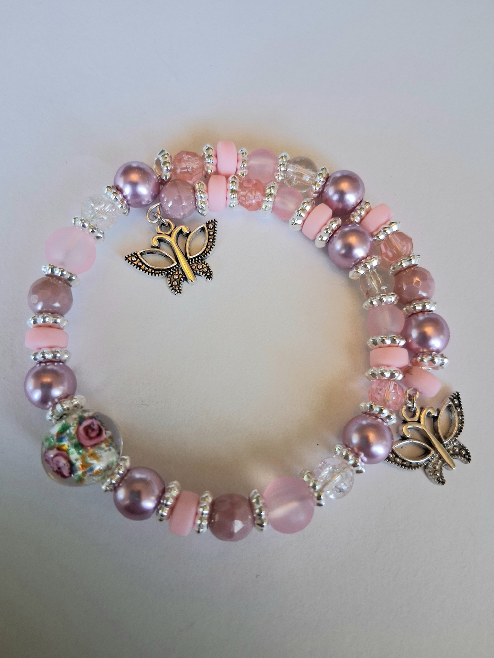 Pink Pearl & Charm Butterfly Beaded Bracelet With Silver Tones